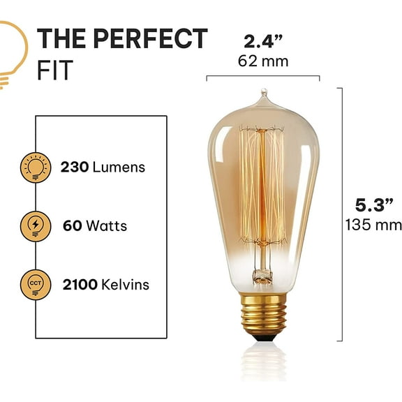 ASIASN-Hudson Bulb Co. Vintage Incandescent Edison Light Bulbs, 60W, E26/E27 Base, 2100K Dimmable Decorative Lights, ST58 Style Amber Warm Glow, Antique Squirrel Filament for Outdoor and Indoor Use -