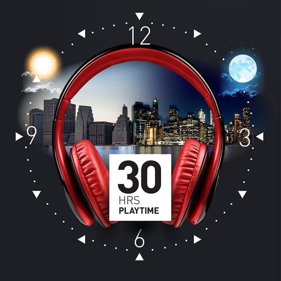 ASIASN-ISO Bluetooth 5.0 Wireless Over Ear Foldable Stereo Headphones with 30 Hours Battery and Built-in Microphone, (Black/Red)