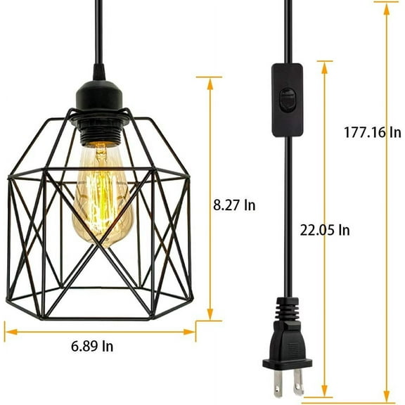 ASIASN-Industrial Plug in Pendant Light, Black Cage Pendant Light Fixture with On/Off Switch, E26 Socket Vintage Hanging Light, Farmhouse Pendant Lighting for Kitchen Living Room Dining Room