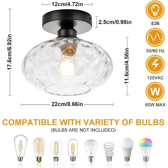 ASIASN-Industrial Semi Flush Mount Ceiling Light - 8.66" Hammered Clear Glass Light Ceiling Fixture Black Bathroom Light Fixtures Ceiling Mount for Hallway Porch Kitchen Bathroom Bedroom (E26 Base)