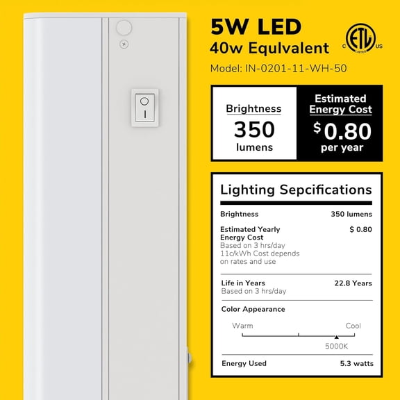 ASIASN-Inlight 12-inch Hardwired Only LED Under Cabinet Lighting, Daylight White(5000k), Dimmable, Matte White Finished, ETL Listed, IN-0201-11-WH-50
