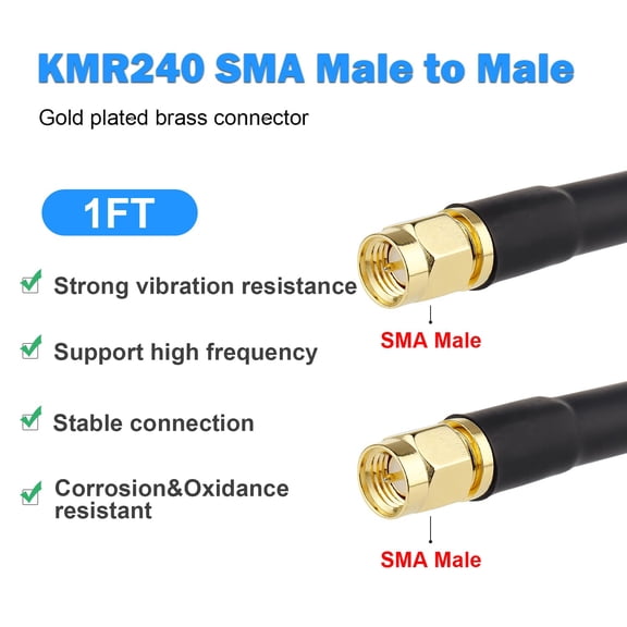 ASIASN-KMR240 SMA Male to SMA Male Coaxial Cable 50 ohm Coax Ultra Low Loss Antenna Extension for 3G/4G/5G/LTE Network Equipment, GPS, RF Radio (1FT 2PCS)