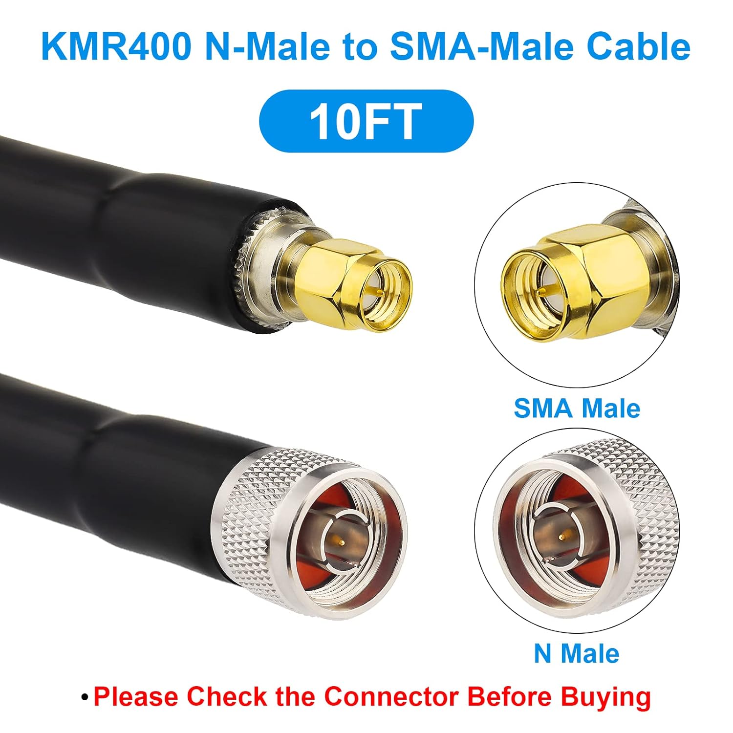 ASIASN-KMR400 SMA to N Cable 10ft, N-Male to SMA-Male Connector Low ...