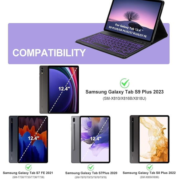 ASIASN-Keyboard Case for Samsung Galaxy Tab S9 Plus/S8 Plus/S7 Plus/S7 FE 12.4 Inch, 7-Color Backlit, Magnetic Detachable Wireless Keyboard, Slim Protective Cover with S Pen Holder, Auto Sleep/Wake