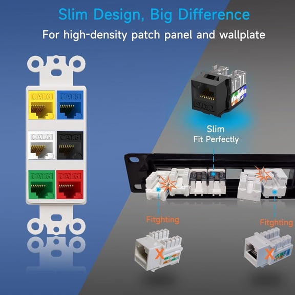 ASIASN-Keystone Jack Cat6 Slim 25 Pack, Cat6 Keystone Jacks 90 Degree, RJ45 Keystone Jack Punch Down Black, Compatiable for High-Density Network WallPlate or Patch Panels