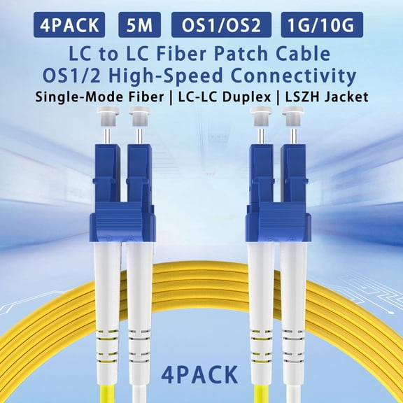 ASIASN-LC to LC Duplex Fiber Patch Cable 5M (16.4ft), OS1/OS2 Single Mode 9/125m SMF, LSZH Jacket, LC UPC Cables, 1G/10G Ethernet Duplex Jumper Cord for Data Center, Enterprise, Telecom (4-Pack)