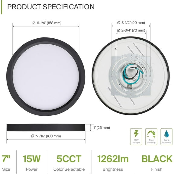 ASIASN-LED 7" Round Flush Mount Ceiling Light Fixture, Low Profile Surface Lighting | 5CCT, Dimmable, Ultra-Thin, ETL Listed | 15W 1260LM 2700-6000K 120V | Kitchen, Bedroom, Hallway Lamp | Black