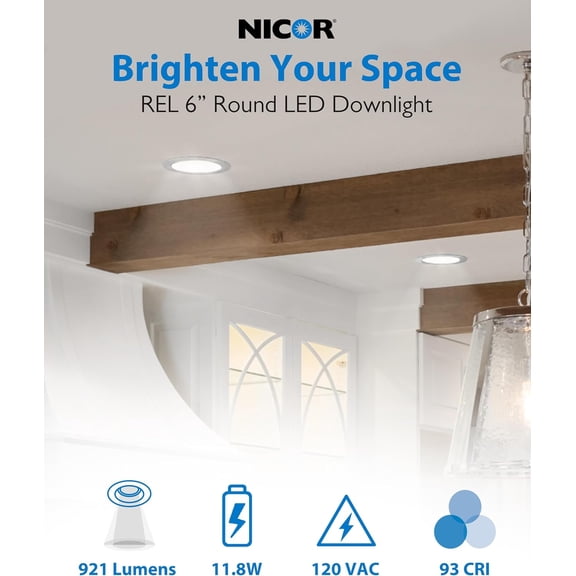 ASIASN-LED Downlight - Ultra-Thin 6 inch LED Recessed Light with Junction Box - 3000K, 902 Lumens, 11.8W, 120V, Dimmable LED Lights - REL6 Edge-Lit LED Ceiling Light, White by NICOR Lighting