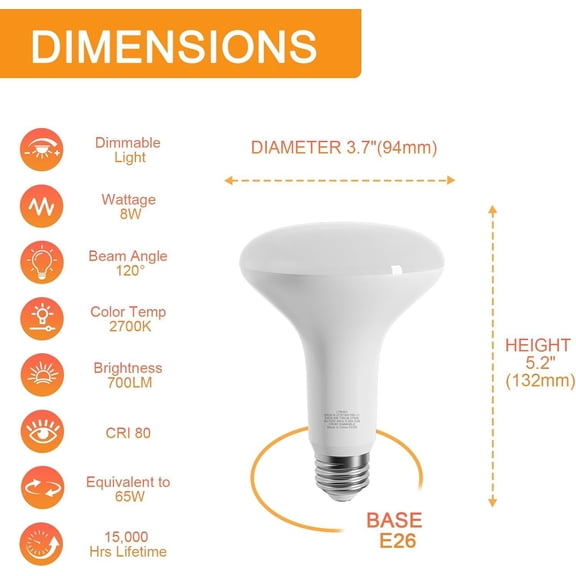 ASIASN-LED Flood Light Bulbs, BR30 Dimmable 750LM Recessed Light Bulbs, 8W(65W Equivalent), CRI80, 2700K Soft White, 15000 Hours, E26 Base LED Can Bulb, 6 Pack