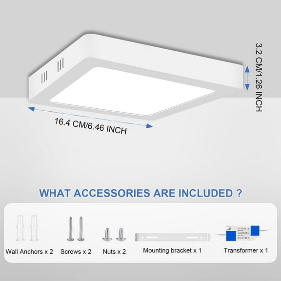 ASIASN-LED Flush Mount Ceiling Light, 6.46 Inch 12W 6500K Hardwire Light Fixture, 120W Equivalent 1.26In Thin Square White Lamp for Kitchen Porch Bedroom Hallway Stairwell Basement, Non-dimmable 1 Pa