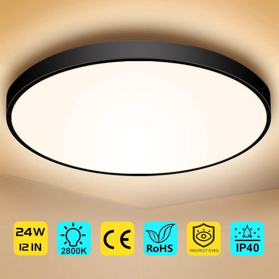 ASIASN-LED Flush Mount Ceiling Light Fixture, 12 Inch 24W (240W Equivalent) 2800K Warm White, 3200LM, Flat Modern Round Lighting Fixture, Black Ceiling Lamp for Kitchens, Stairwells, Bedrooms.etc.