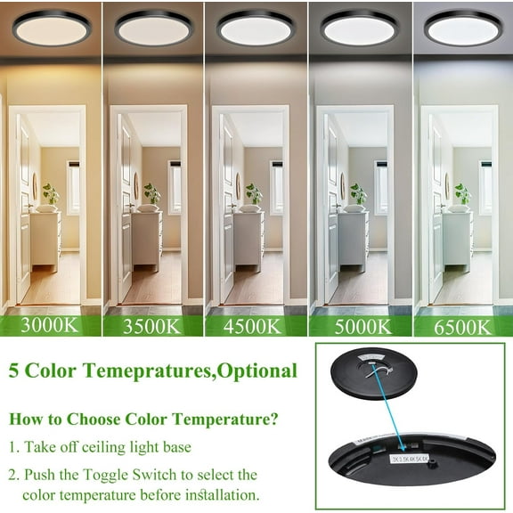 ASIASN-LED Flush Mount Ceiling Light Fixture, 24W 12Inch 3000K/3500K/4500K/5000K/6500K 5 Color Changeable 2880LM Low Profile Ceiling Light for Bedroom, Living Room, Dining Room, Hallway Black