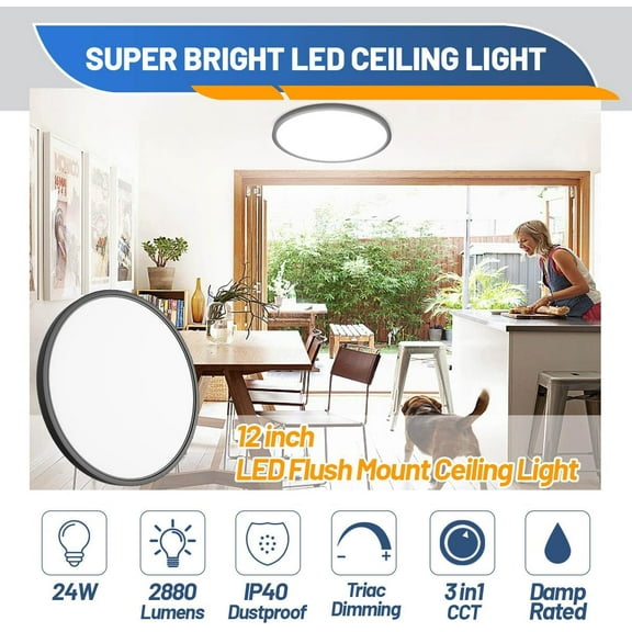 ASIASN-LED Flush Mount Ceiling Light Fixture, Black 1-Pack 24W 12inch 2880lm CCT 3000K/4000K/6500K Thin Round Flat Panel Light Surface Mount for Bedroom, Kitchen, Bathroom. Dimmable Ceiling Lamp