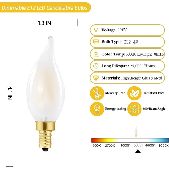 ASIASN-LED Frosted Candelabra Light Bulbs, E12 LED Bulb 40W Equivalent, Dimmable Chandelier Light Bulbs,Daylight White 5000K,AC120V, 400LM, Flame Tip (6 Pack) (4w-5000k(Daylight White))