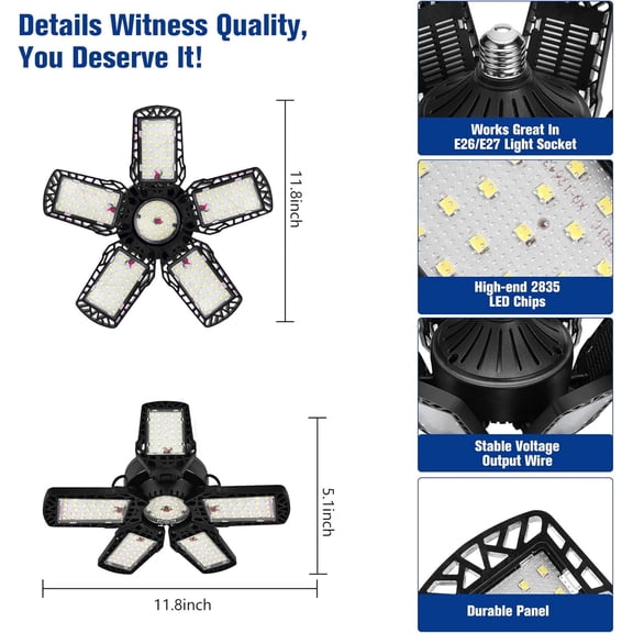 ASIASN-LED Garage Lights 200W - 1 Pack, 20000LM Led Shop Light with Adjustable Panel, 6000-6500K Daylight, 360 Illumination Ceiling Lights, E27/E26 for Warehouse Garage Attic Basement