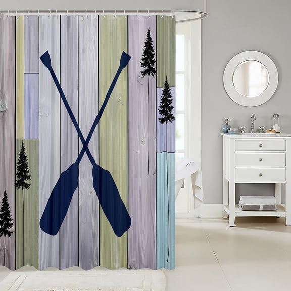 ASIASN-Lake House Decor Shower Curtain, Rustic Farmhouse Old Barn Door Bathroom Shower Curtain Sets, Blue Lake Paddle Decor Waterproof Bathroom Curtains, Vintage Cabin Lodge Bath Curtain, 72"Wx72"L