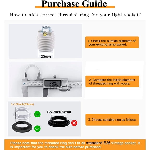 ASIASN-Lamp Shade Rings+Plastic Lampshade, Lock Socket Replacement for Standard Base Threaded Lamp Holder,Thread Diameter 1-1/2 Inches (2-Pack)