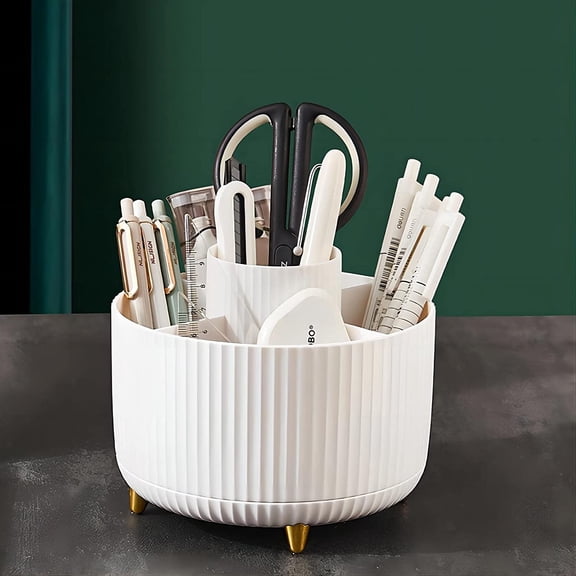 ASIASN-Large Capacity Makeup Brush Holder,360 Rotating Makeup Organizer,5 Slot Makeup Brushes Cup,for Vanity Decor,Bathroom Countertops,Desk Storage Container,Cosmetic Display cases(White)