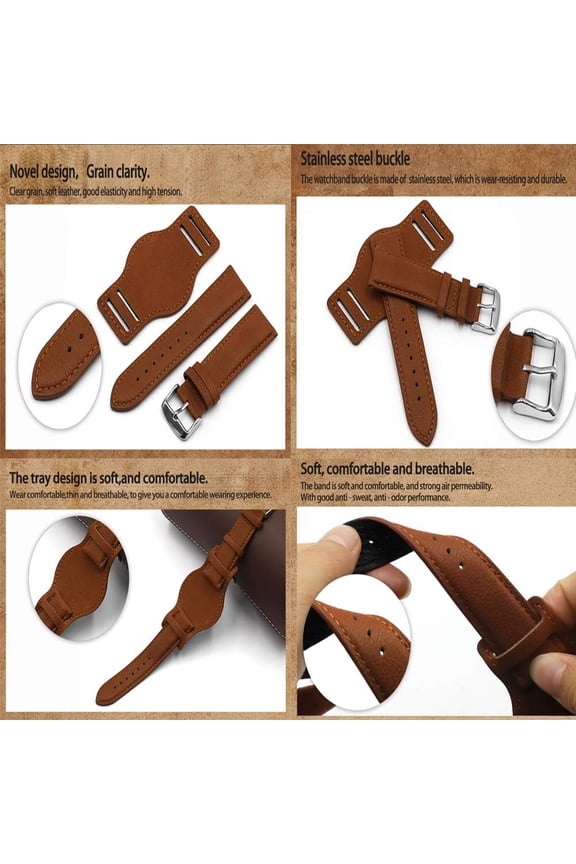 -Leather Cuff Watch Strap 18mm 20mm 22mm Vintage Genuine Leather Watch Band with Mat for Men Women