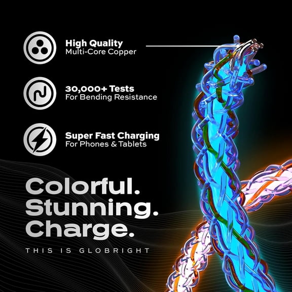 ASIASN-Light Up Charger Cable - GloBright Braided LED Charging Cable, Glowing Super Fast Charging 100W Light Up Cable, Data Transfer, Lighted Phone Charger Cord - 6FT/2M, Type USB C to USB C