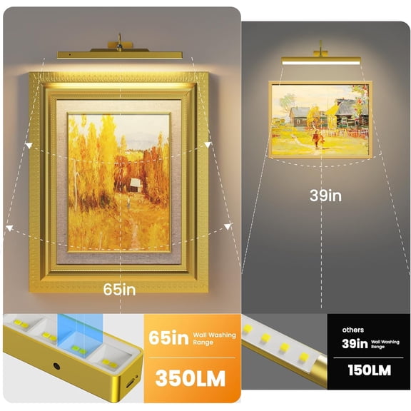 ASIASN-Lights for Pictures on Wall, 16in Battery Operated Picture Lights for Paintings, 5000mAh Wall Lights with Remote and 3 Light Modes,Art Light for Wall Painting,Frame, Portrait, Dartboard - Gold