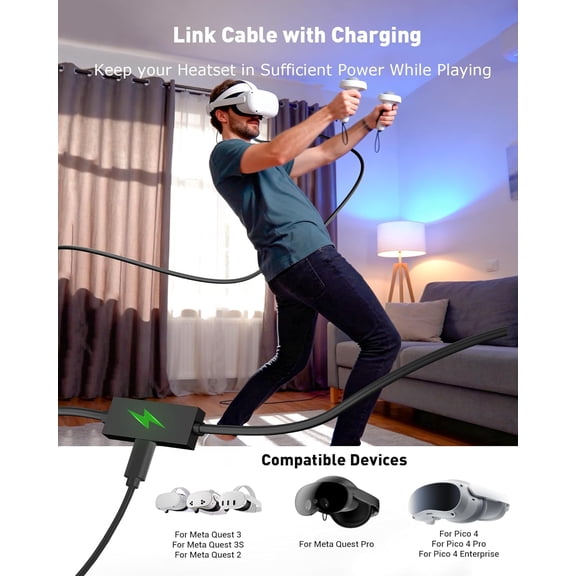 ASIASN-Link Cable with Charging for Meta Quest 3S Oculus Quest 3 Quest 2/Pro, Pico 4, USB 3.0 5Gbp High Speed USB A to USB C Mini-SAS Cable for Steam VR Headset Accessories and Gaming PC -16FT