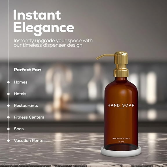 ASIASN-Luxury Glass Hand Soap Dispenser Bathroom Set by - Refillable Liquid Hand Soap Dispenser Set for Kitchen - Gold Bathroom Decor and Accessories for Airbnb, Spa, Hotel, Gifts (Amber/Gold)