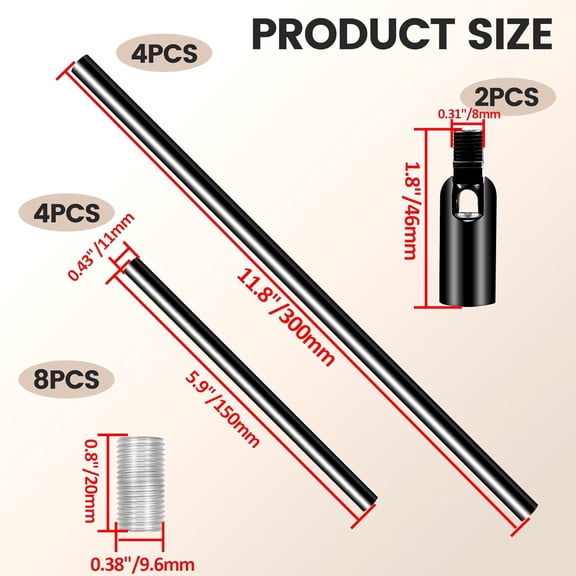 ASIASN-M10 Threaded Extension Rod Black Lighting Fixture Stems with Sloped Ceiling Adapters for Pendant Light, Chandeliers, Light Fixture Parts Replacement 5.9-inch & 12-inch Length Black