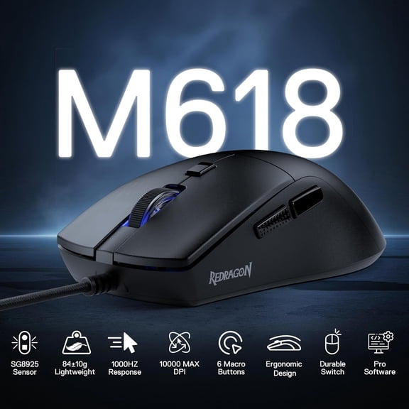 ASIASN-M618 Wired Gaming Mouse, 10000 DPI Optical Ergonomic Mouse with 6 Programmable Buttons, 84G Ultra Lightweight, Software Supports DIY Keybinds, Black