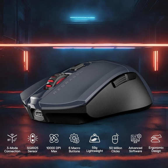 ASIASN-M995 LIT Wireless Gaming Mouse, 10000 MAX DPI Rechargeable Mouse, BT & 2.4G Wireless, 6 Macro Buttons, Ultra Lightweight, Reliable Power Capacity for PC/Mac/Laptop, Gray & Black