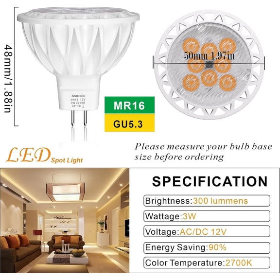 ASIASN-MR16 LED Bulb Light Bulbs 3W (35W Halogen Equivalent) 2700K GU5.3 Base 12V Spotlight 300Lm for Landscape Recessed Track Lighting Ceiling Indoor Outdoor - 6 Pack (Warm White)