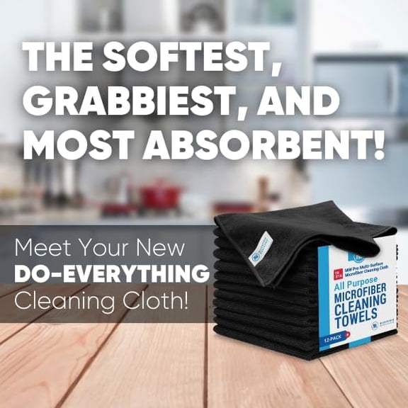 ASIASN-MW Pro Microfiber Cleaning Cloth | Black Gray | 12 Pack | 16 x 16 | All Purpose Microfiber Towels - Clean, Dust, Polish, Scrub, Absorbent