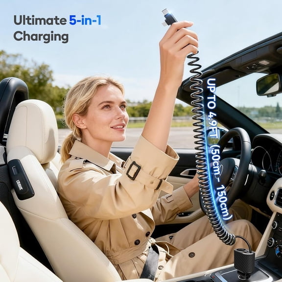 ASIASN-Magjieyx Car Cigarette Lighter Splitter Charger, 5 in 1 Fast Car Phone Charger with 1-Socket(100W)Charging Adapter and USB C Coiled Cable for iPhone 17 16 15, Galaxy S25 Ultra/iPad/GPS/Dash Ca