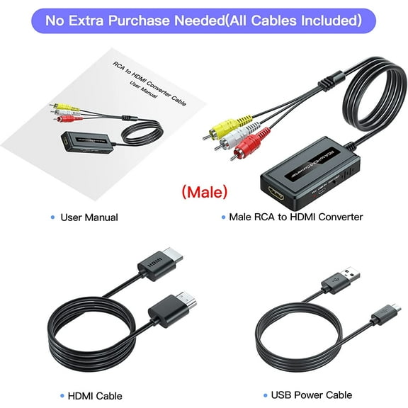 ASIASN-Male RCA to HDMI Converter with HDMI Cable for DVD/STB/VHS with Female RCA Output(RCA Cable Integrated), CVBS AV Composite to HDMI Converter Supports Full HD 720P/1080P Output Switch