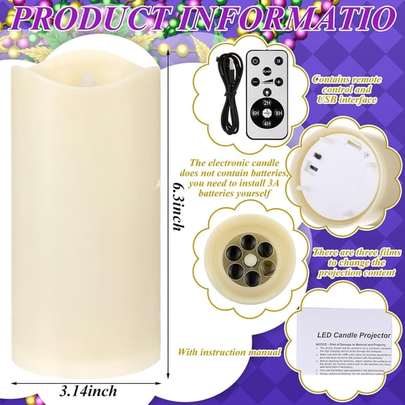 ASIASN-Mardi Gras Projector Light Decor Mardi Gras Flameless Candles Battery Operated LED Candle Table Decoration for Indoor Window Night Light with Remote Timer Carnival Party Home Prom Room Decor