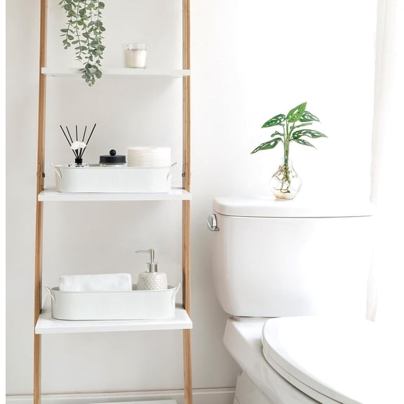 ASIASN-Metal Storage Basket for Toilet Tank Top Bathroom Decor, Galvanized Tray with Handle for Shelves, Farmhouse Toilet Paper Holder Organizing Bin Box for Countertop Living Room, Set of 2, White