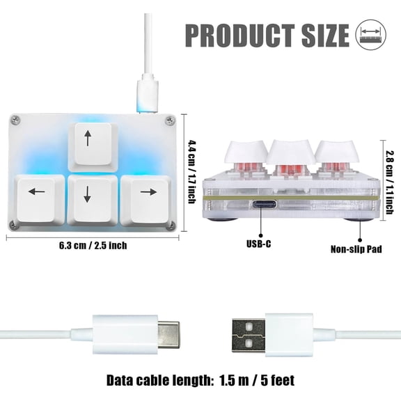 ASIASN-Mini 4-Key Keypad WASD Arrow Key Keycaps Keyboard One-Handed Mechanical Gaming Keypad Programmable USB-C Customized Keyboard for Working or Gaming (White, Arrow Keycaps 2)