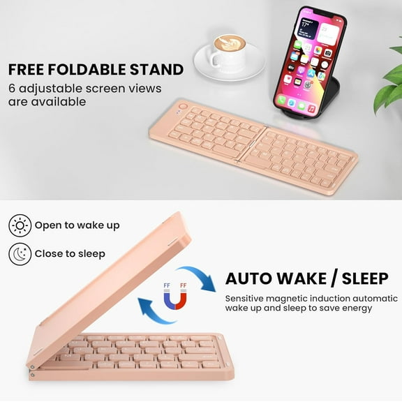 ASIASN-Mini Foldable Bluetooth Keyboard - Portable Wireless Full Size Keyboard (Sync Up to 3 Devices), Ultra-Slim Aluminum Travel Folding Keyboards for iPhone iPad Mac Android Windows iOS (Pink)