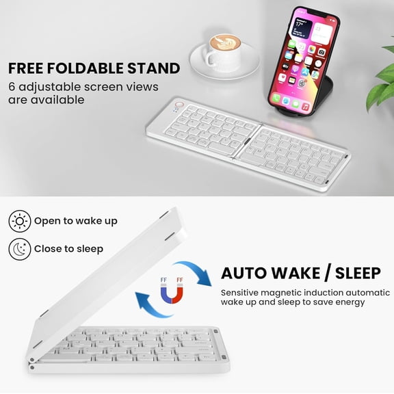 ASIASN-Mini Foldable Bluetooth Keyboard - Portable Wireless Full Size Keyboard (Sync Up to 3 Devices), Ultra-Slim Travel Folding Keyboards for iPhone iPad Mac Android Windows iOS, White