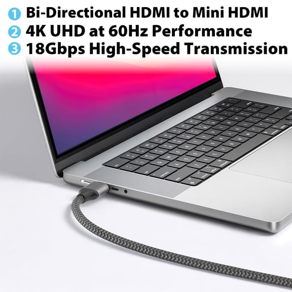ASIASN-Mini HDMI to HDMI 2.0 Cable, 4K 60Hz Ultra HD, 18Gbps High-Speed Bi-Directional Braided Cord w/Gold-Plated Connectors, Compatible with Camera Camcorder Raspberry Pi Tablet Projector, 3 FT