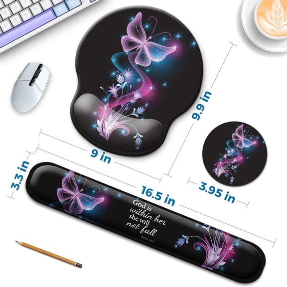 ASIASN-Mouse Pad and Keyboard Wrist Rest Support, with Non-Slip PU Base,Gel Mouse Pad with Coaster,Pain Relief for Gaming, Computer,Office -Vector Butterflies