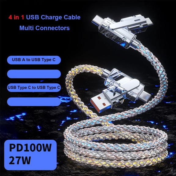 ASIASN-Multi Ports Charger Cable 4 Combinations in One Cable USBA/USBC to USB C Fast Charging Cord Lighted Up LED Flowing Compatible with Almost All Electric Device-39Inches RGB