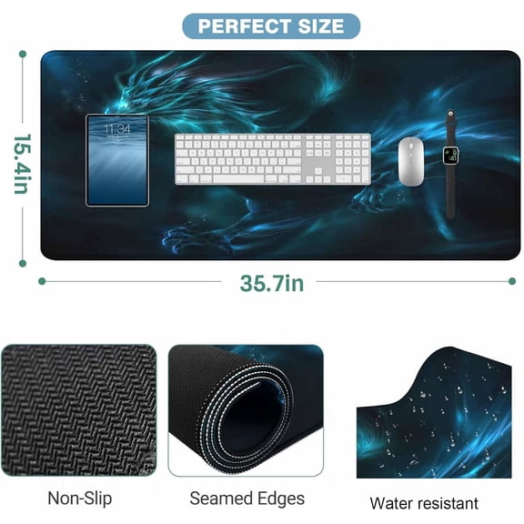 ASIASN-Mythical Dragon Blue Gaming Mouse Pad Fantasy Themed Creature Large Full Desk Keyboard Mousepad for Computer,Home,Office 35.4"X15.7"