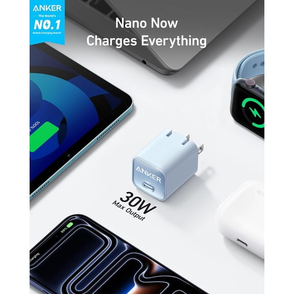 ASIASN-Nano Charger, USB C GaN Charger 30W, PIQ 3.0 Foldable PPS Fast Charger for iPhone 17/16 and More Series, Galaxy, iPad, Compatible with MagSafe (Blue)