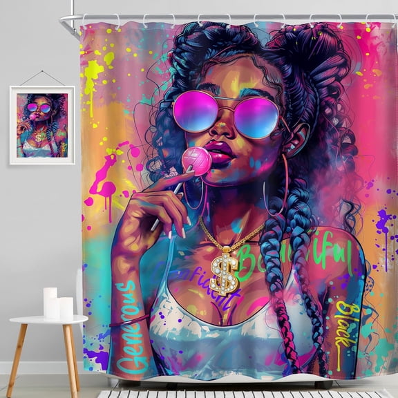 ASIASN-Neon Black Girl Shower Curtain 72Wx72H Hip-pop African American Pink Afro Lady Sunglasses Lollipop Bathroom Curtain Inspirational Quote Bath Curtain Bathroom Accessories Decor with 12 Hook