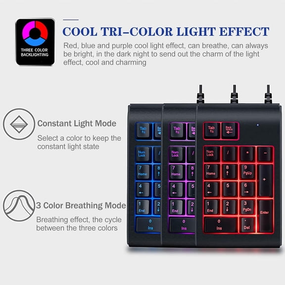 ASIASN-One-Handed Mechanical Feel Gaming Keyboard, USB Tricolor Breathing Backlit Keypad, 19-Keys, Plug-and-Play, Balck(Black)
