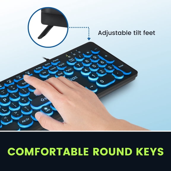 ASIASN-PERIBOARD-317R Wired Backlit USB Keyboard - Big Print Letter - Tri-Color Illuminated LED - Stylish Round Keycaps - US English