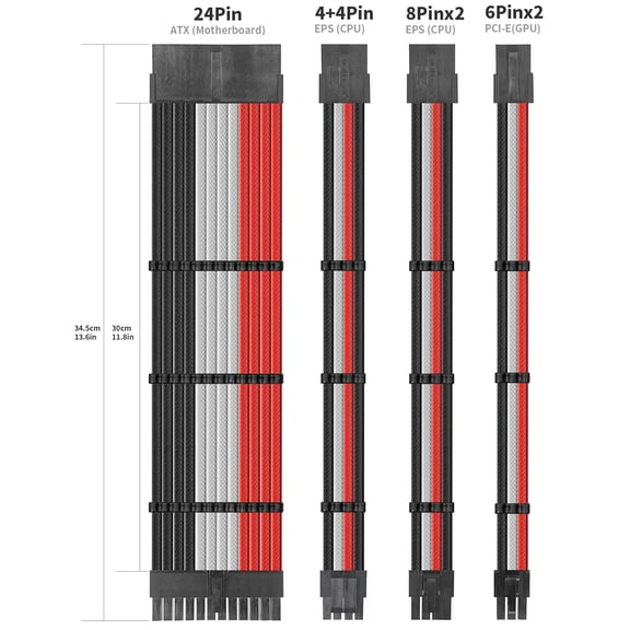 ASIASN-PSU Cable Extension kit Sleeved Cable Custom Power Supply Sleeved Extension 16 AWG 24-PIN 8-PIN 6-PIN 4+4-PIN with Combs- Red/White/Black (11.8 inch/30CM)(SC305)