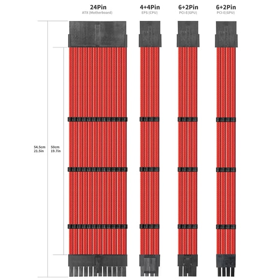ASIASN-PSU Cable Extension kit Sleeved Cable Custom Power Supply Sleeved Extension 18 AWG 24-PIN 4+4 PIN 6+2 PIN with Combs- Black/Red(19.7 inch/50 CM),SC501