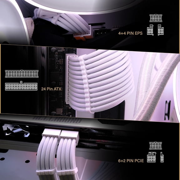 ASIASN-PSU Extension Cable Sleeved Custom Mod PC Power Supply Cable, Soft Nylon Braided with Comb Kit 24PIN/8PIN to 6+2Pin/ 8PIN to 4+4PIN-30CM 300MM - All White Edition